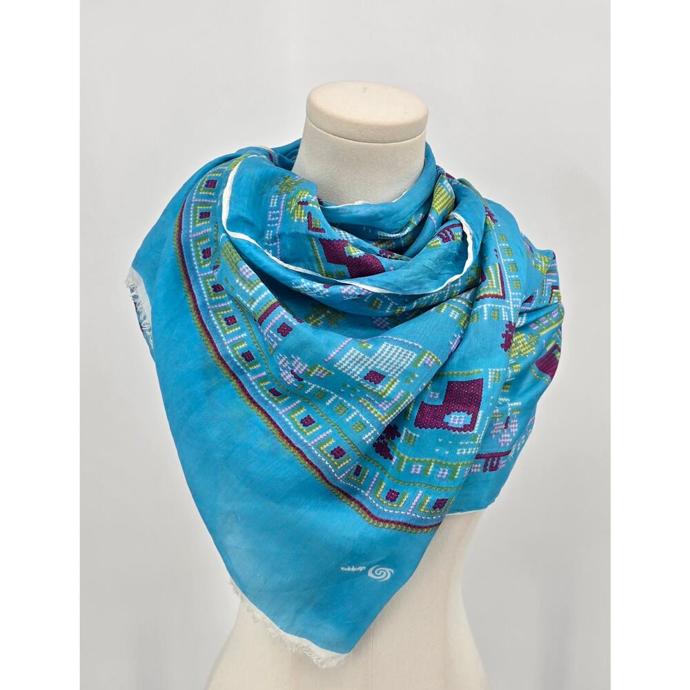 Vintage Desen India 100% Turkish Silk Scarf – Bright Blue Folk Geometric Pattern